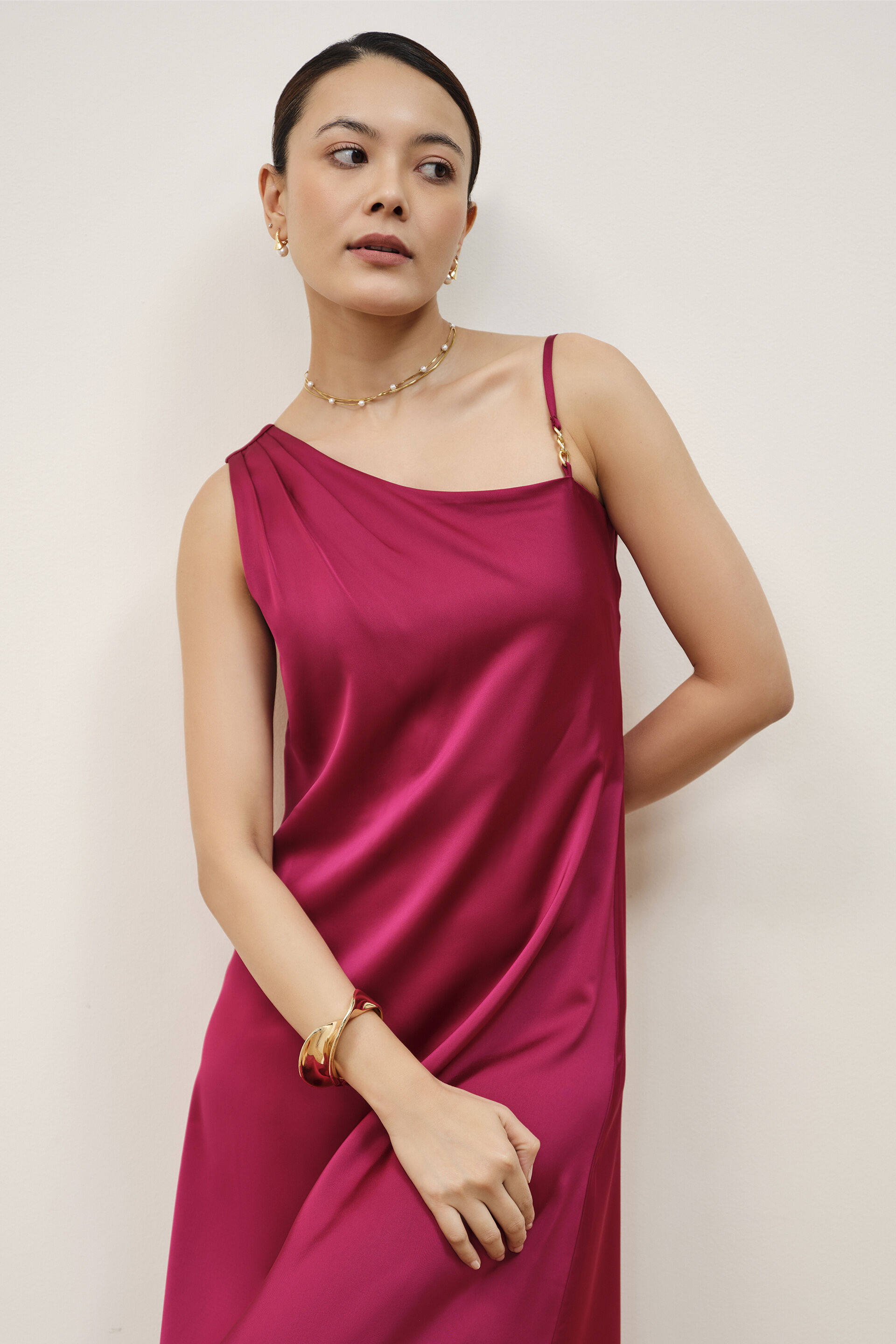 Wine One-Shoulder Satin Dress, Wine, image 4
